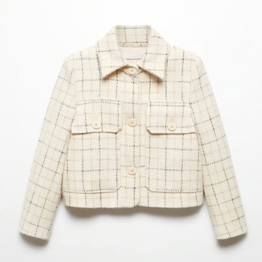 MANGO MNG Cropped Tweed Blazer in Cream Plaid Preppy Old Money Academia Size XS - Picture 1 of 13